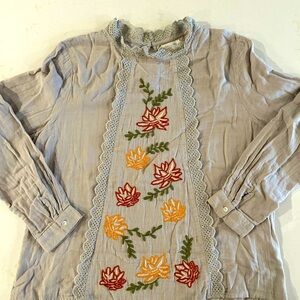 ROOLEE long sleeve blouse with embroidery and eyelet, size large